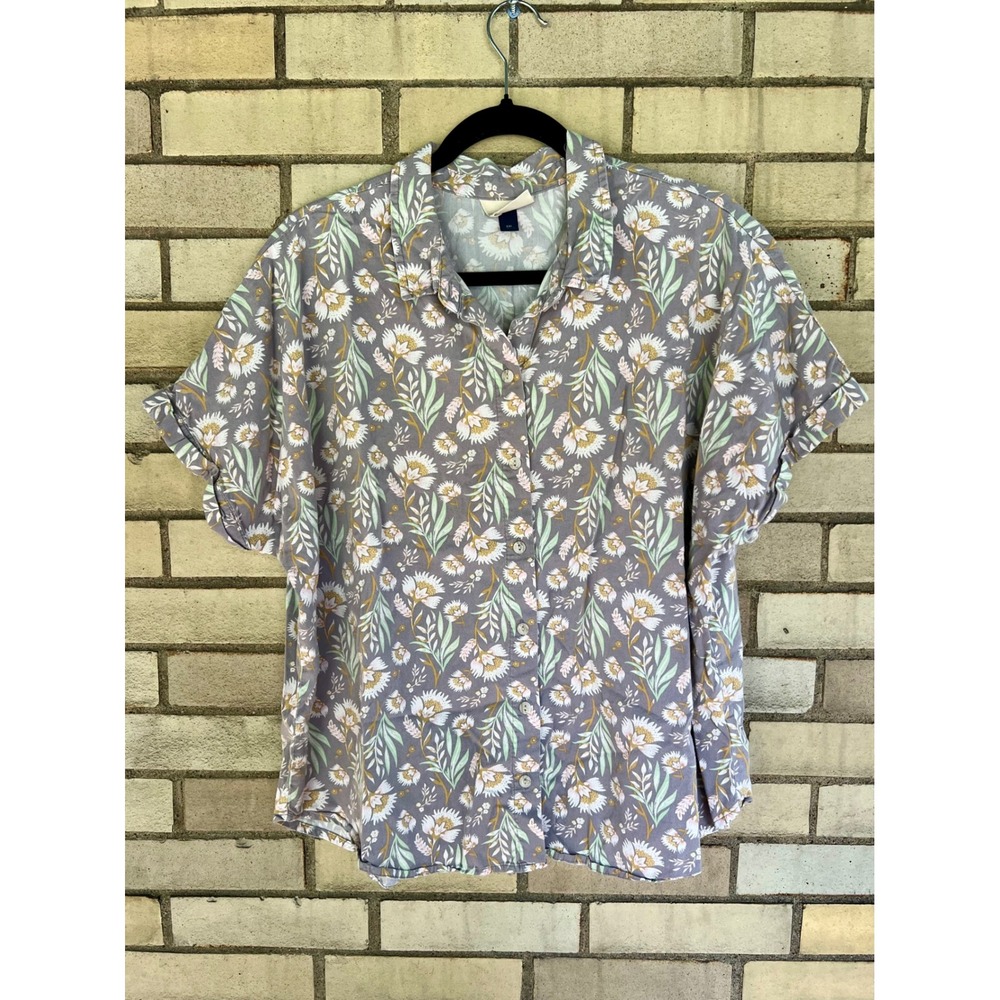 Universal Thread Floral Short Sleeve Button Down Shirt Purple XXL